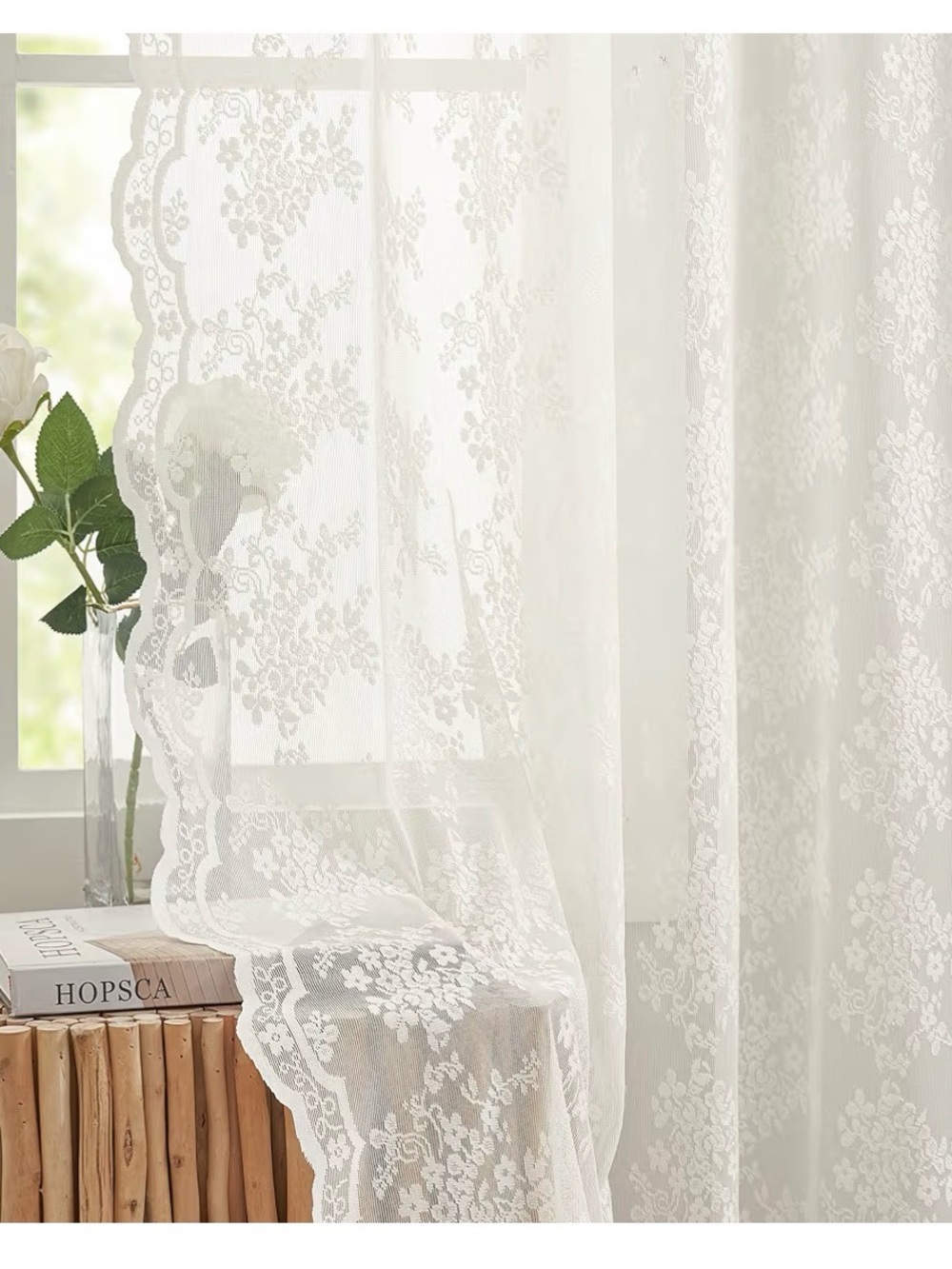 Sheer White Floral Lace Curtain Panels x 2